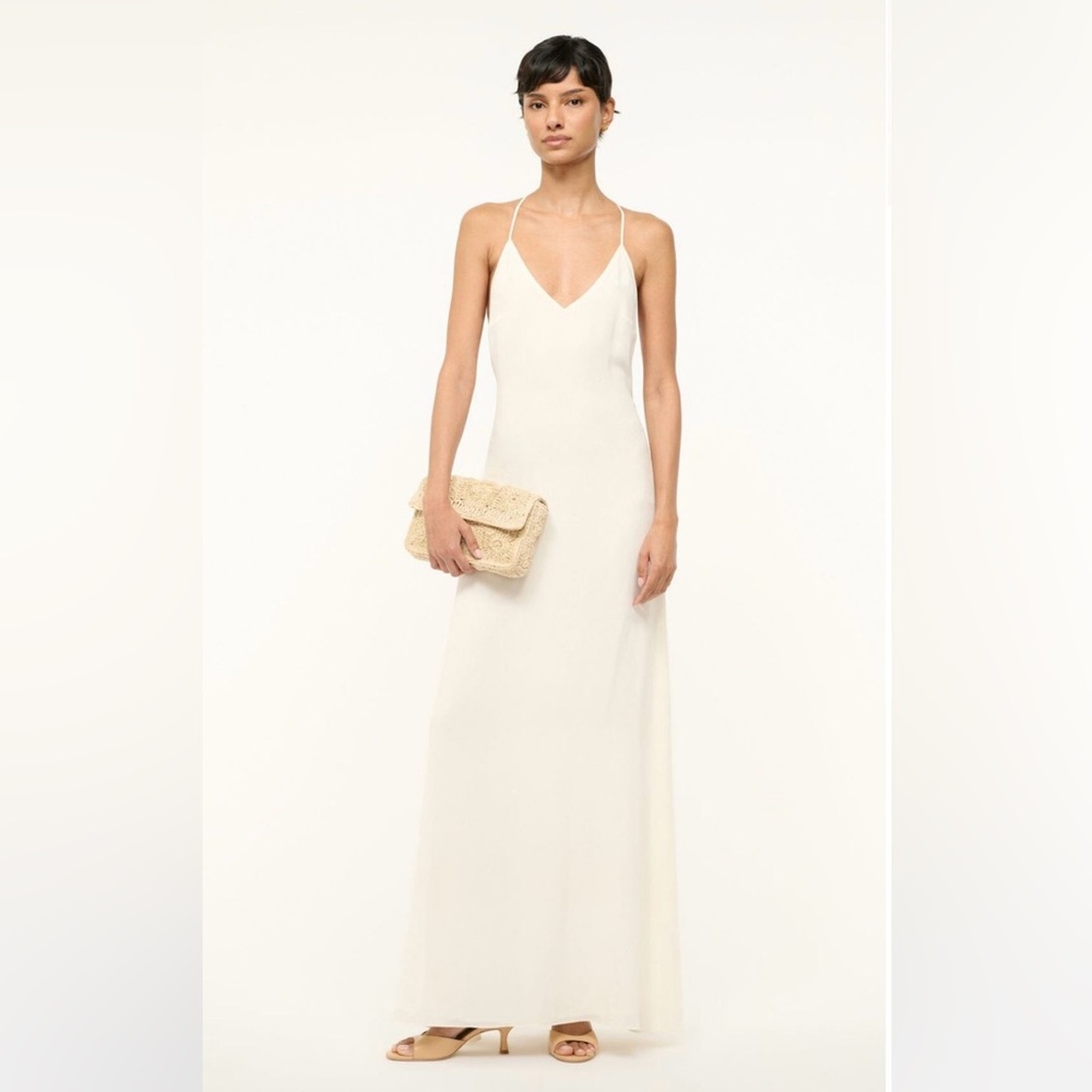 STAUD Machu Silk Cream V-Neck Spaghetti Strap Slip Maxi Dress
